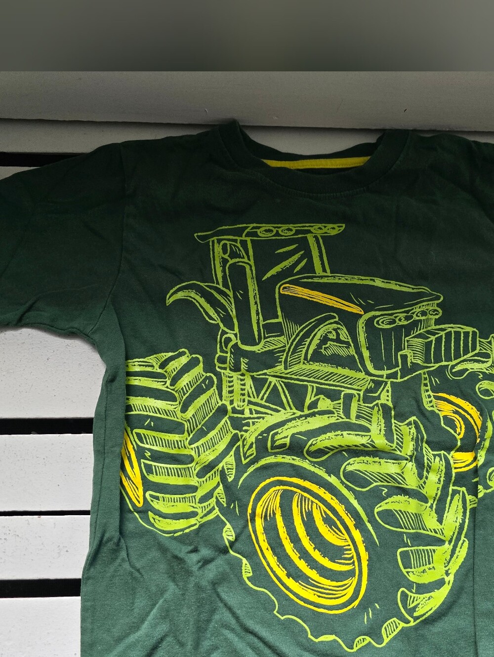 John Deere Dark Green Tee with Neon Yellow Tractor Graphic